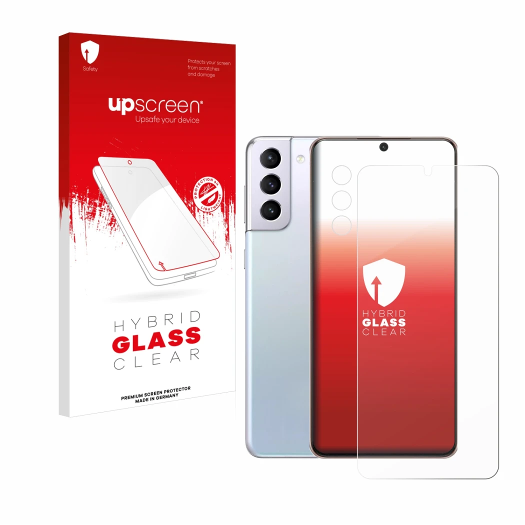 Parte frontal de un envase de producto con el logotipo de la marca upscreen. Al lado se muestra el dispositivo Samsung Galaxy 