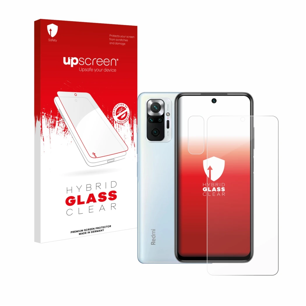Parte frontal de un envase de producto con el logotipo de la marca upscreen. Al lado se muestra el dispositivo Xiaomi Redmi No