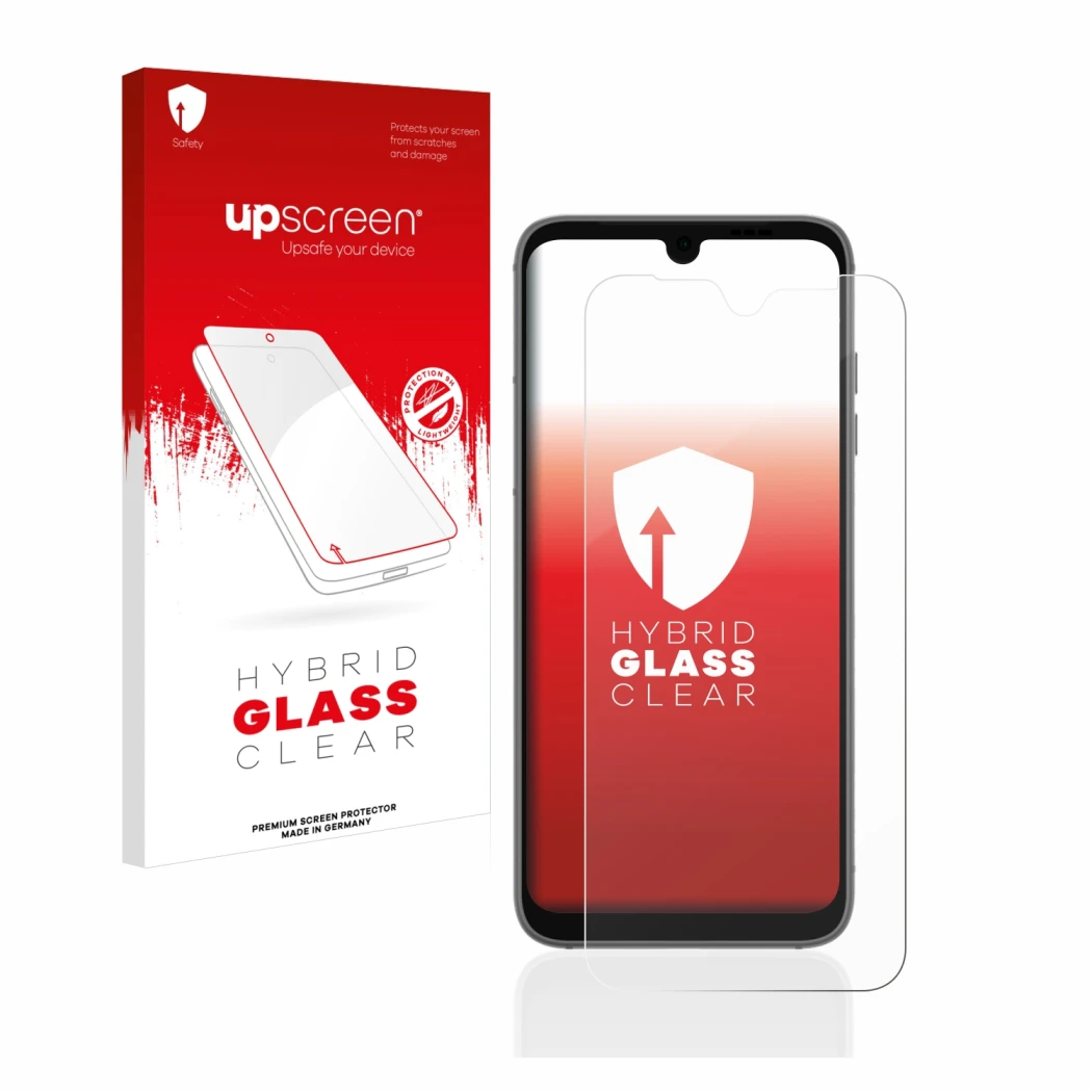 Parte frontal de un envase de producto con el logotipo de la marca upscreen. Al lado se muestra el dispositivo Fairphone 4 con