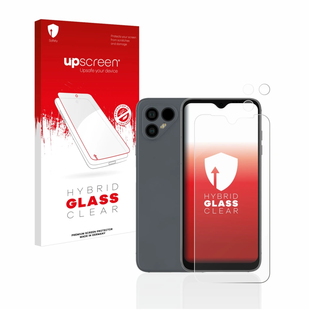 Parte frontal de un envase de producto con el logotipo de la marca upscreen. Al lado se muestra el dispositivo Fairphone 4 (Fr