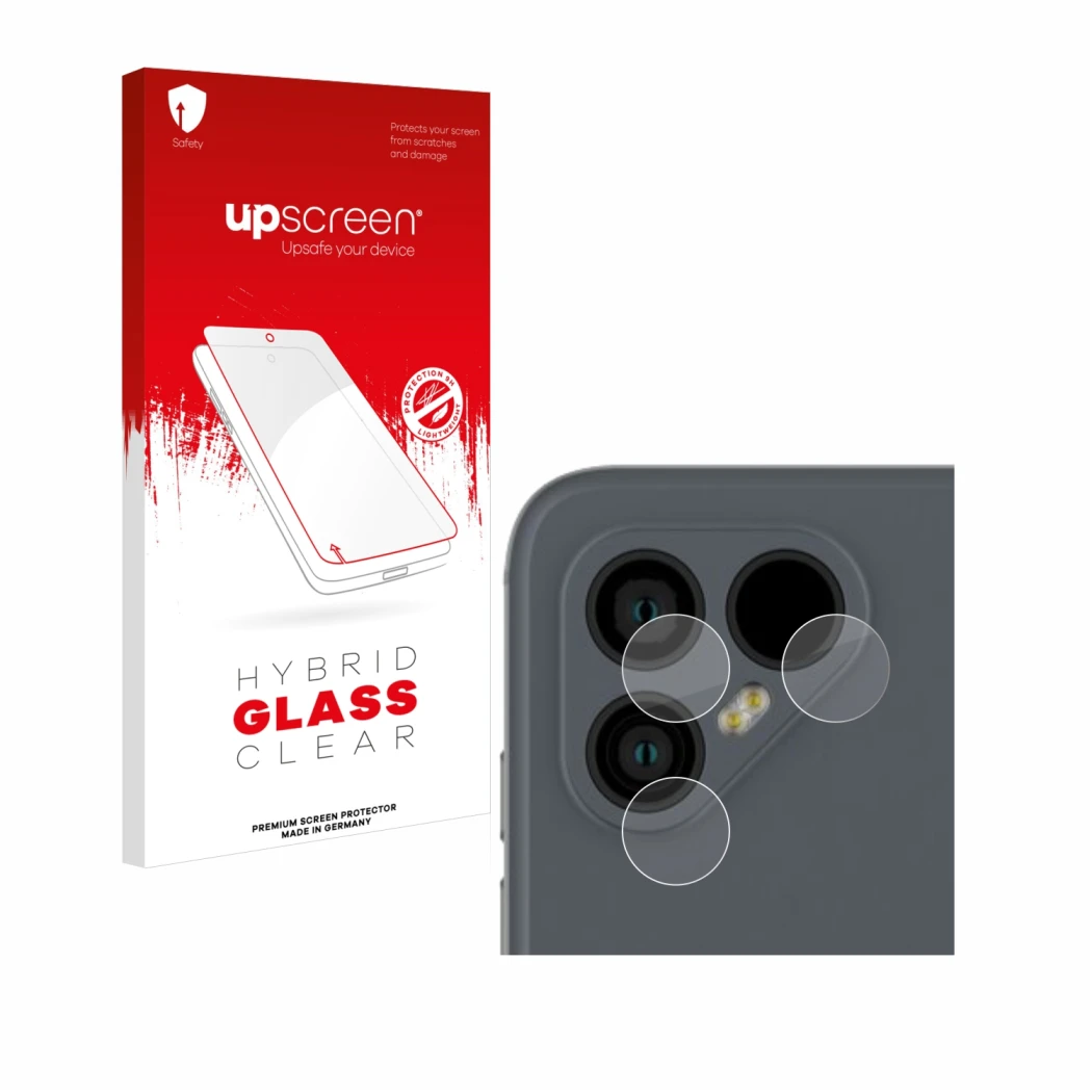 Parte frontal de un envase de producto con el logotipo de la marca upscreen. Al lado se muestra el dispositivo Fairphone 4 (SÓ