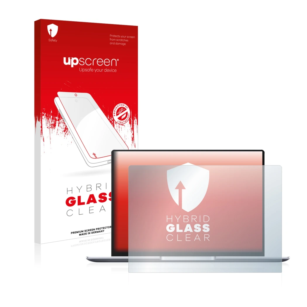 Parte frontal de un envase de producto con el logotipo de la marca upscreen. Al lado se muestra el dispositivo Huawei MateBook