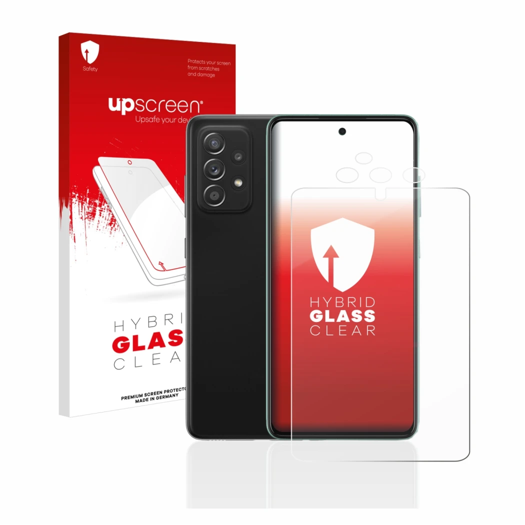 Parte frontal de un envase de producto con el logotipo de la marca upscreen. Al lado se muestra el dispositivo Samsung Galaxy 