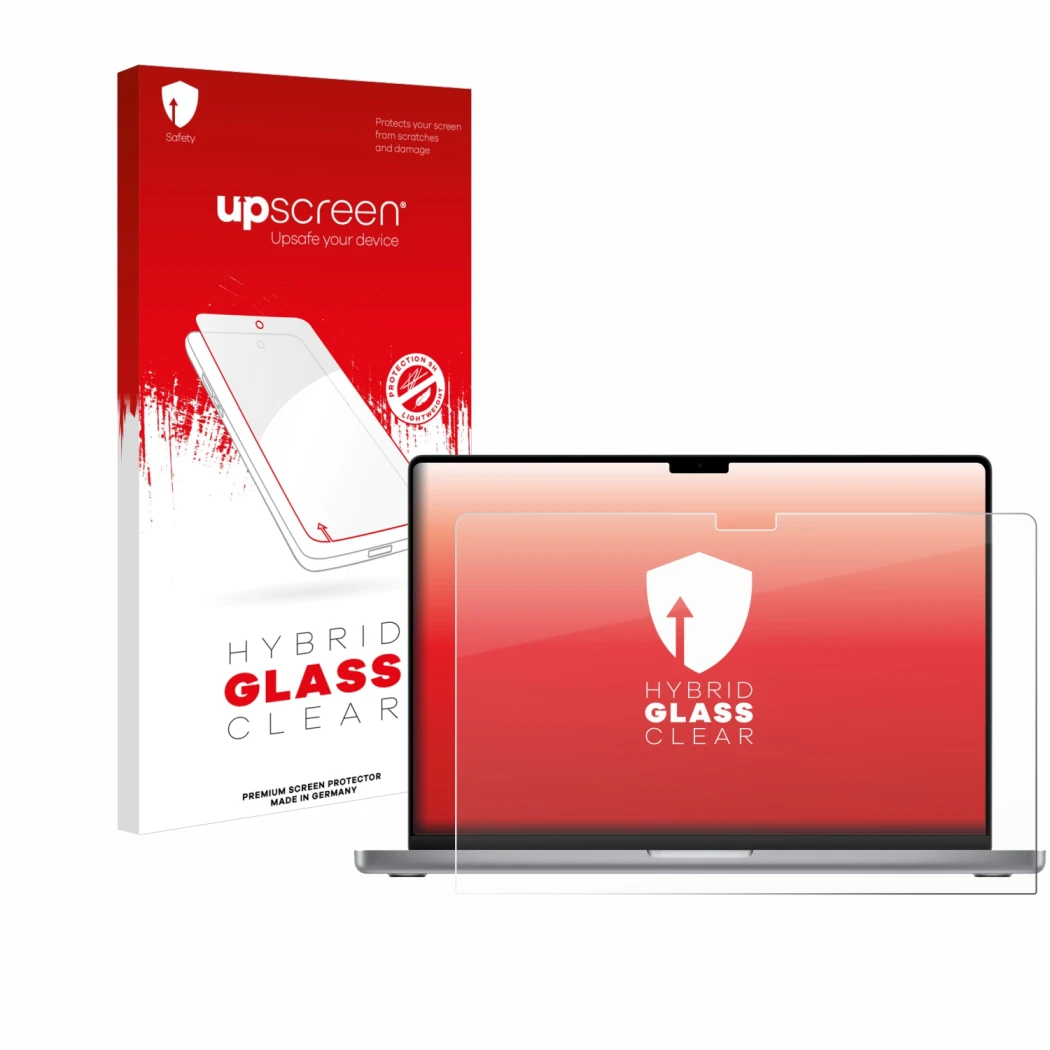 Parte frontal de un envase de producto con el logotipo de la marca upscreen. Al lado se muestra el dispositivo Apple MacBook P