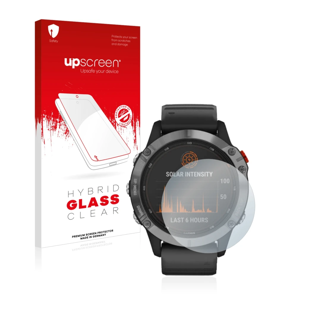 Parte frontal de un envase de producto con el logotipo de la marca upscreen. Al lado se muestra el dispositivo Garmin Fenix 6 