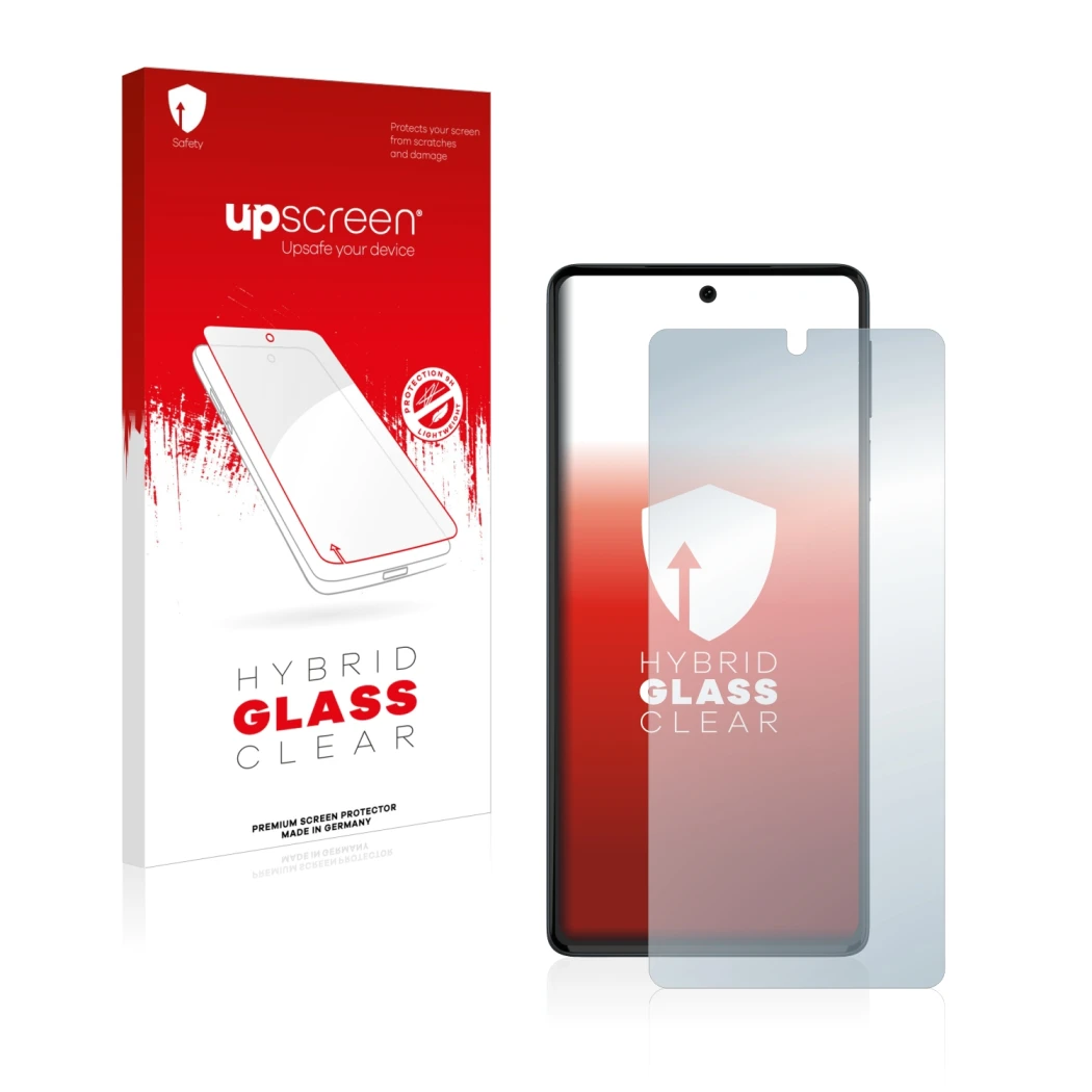 Parte frontal de un envase de producto con el logotipo de la marca upscreen. Al lado se muestra el dispositivo Motorola Edge 3