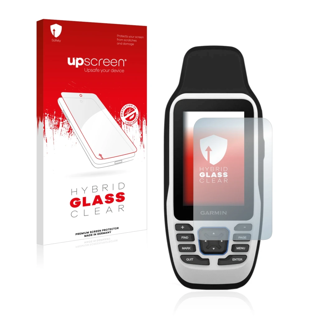 Parte frontal de un envase de producto con el logotipo de la marca upscreen. Al lado se muestra el dispositivo Garmin GPSMAP 7