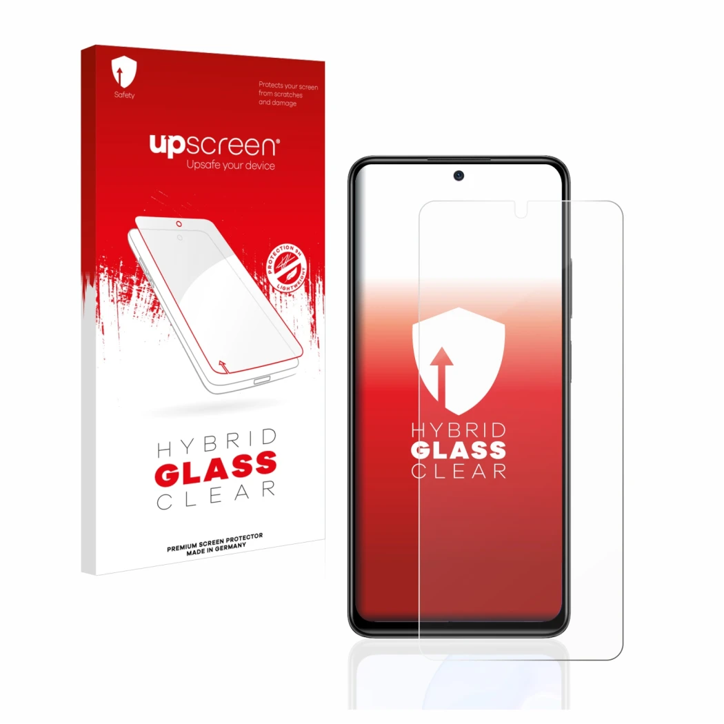 Parte frontal de un envase de producto con el logotipo de la marca upscreen. Al lado se muestra el dispositivo Xiaomi Redmi No