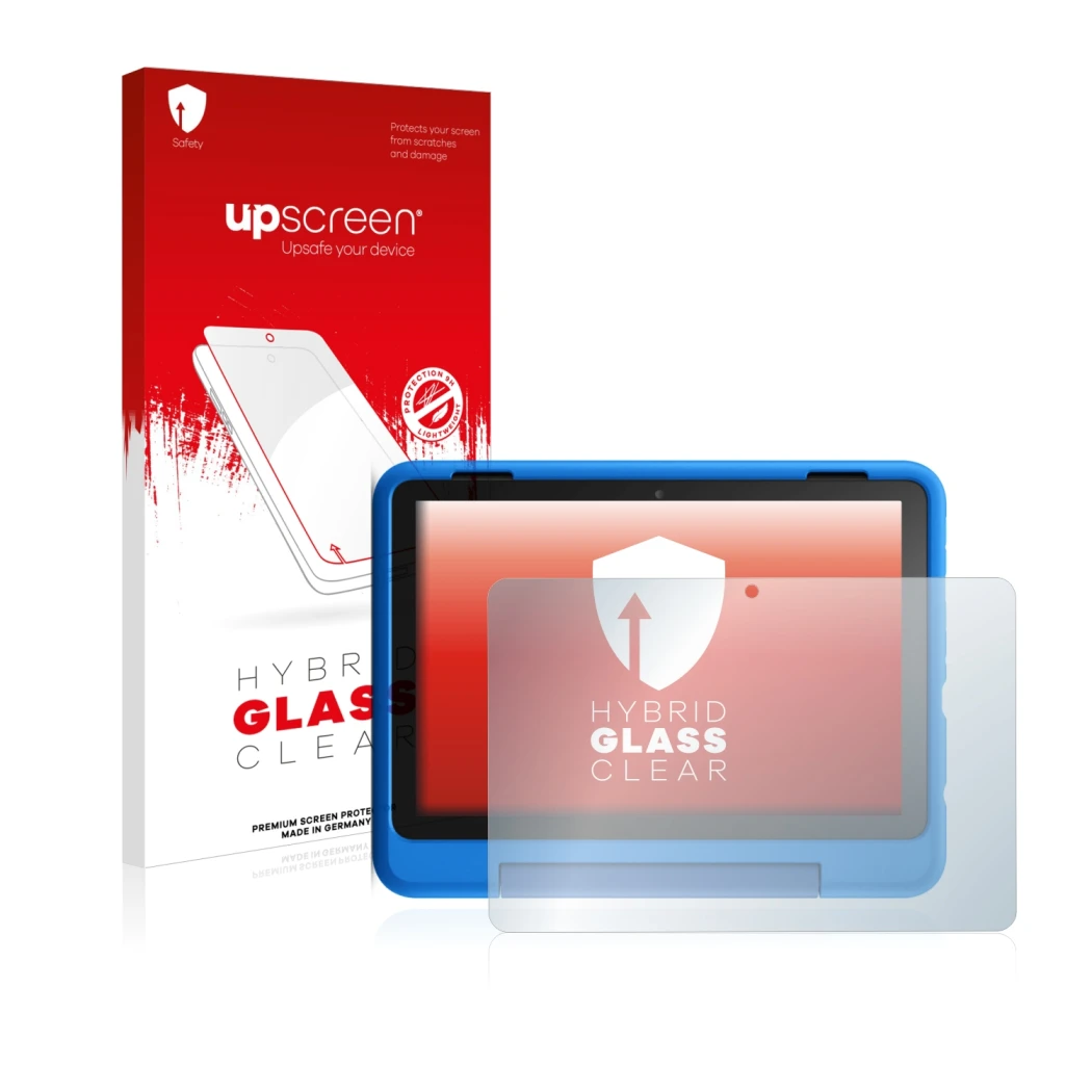 Parte frontal de un envase de producto con el logotipo de la marca upscreen. Al lado se muestra el dispositivo Amazon Fire HD