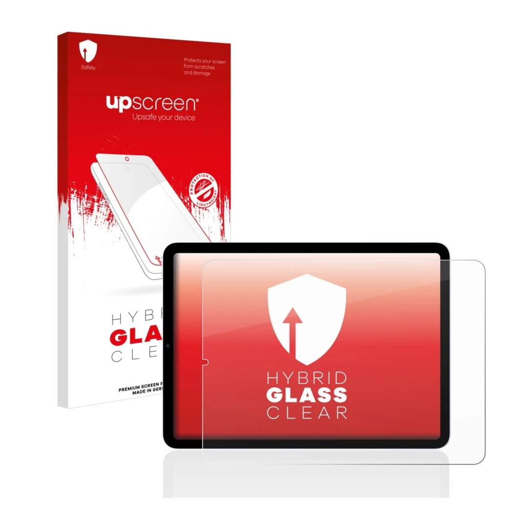 Parte frontal de un envase de producto con el logotipo de la marca upscreen. Al lado se muestra el dispositivo Apple iPad Air 