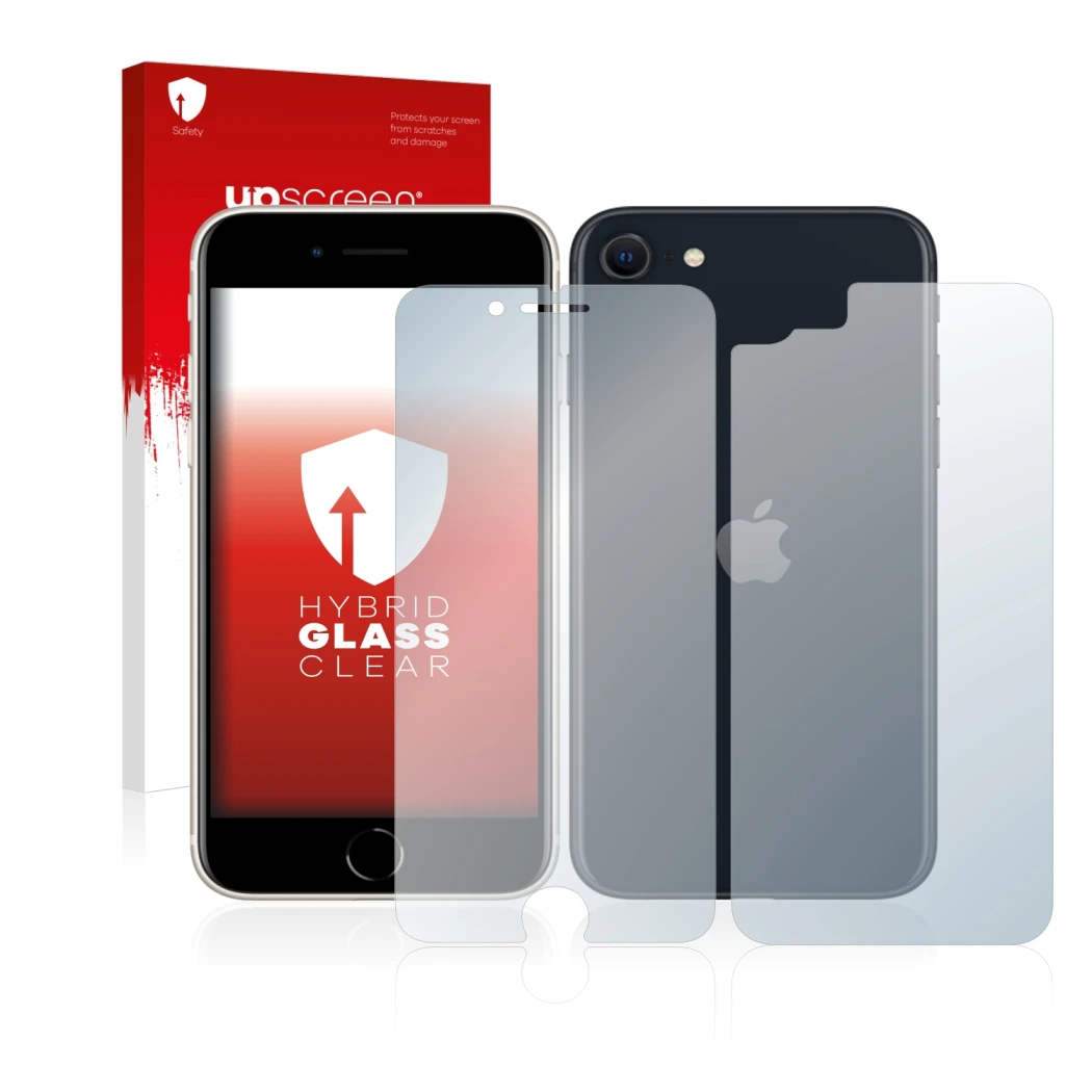 Parte frontal de un envase de producto con el logotipo de la marca upscreen. Al lado se muestra el dispositivo Apple iPhone SE