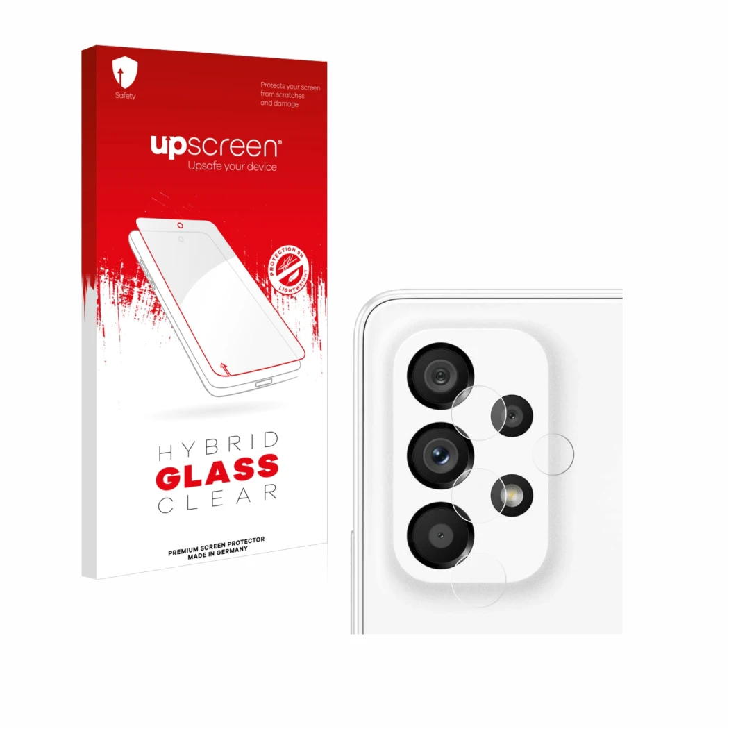Parte frontal de un envase de producto con el logotipo de la marca upscreen. Al lado se muestra el dispositivo Samsung Galaxy 