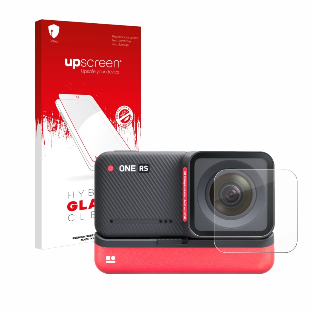 Parte frontal de un envase de producto con el logotipo de la marca upscreen. Al lado se muestra el dispositivo Insta360 One RS