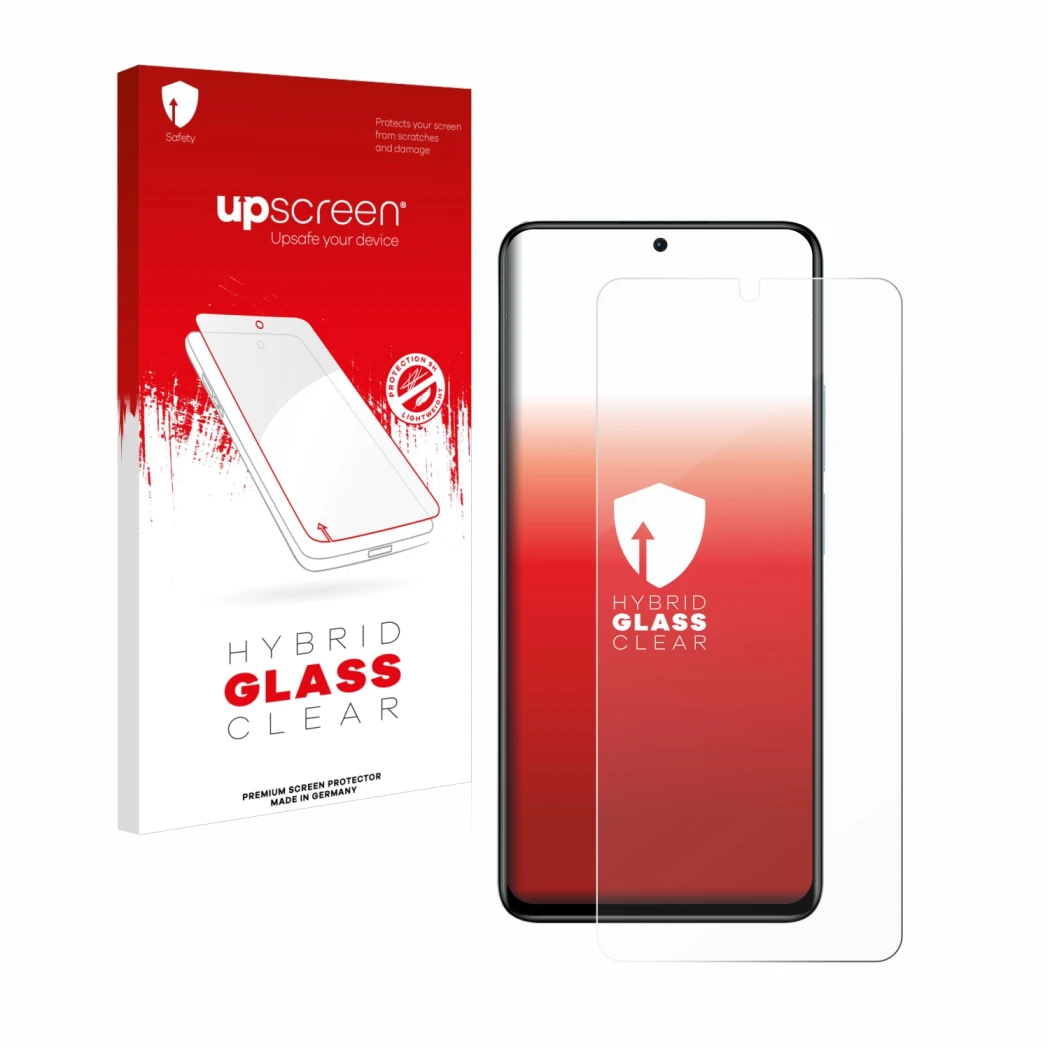 Parte frontal de un envase de producto con el logotipo de la marca upscreen. Al lado se muestra el dispositivo Xiaomi Redmi No