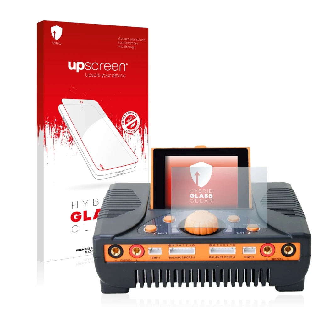 Parte frontal de un envase de producto con el logotipo de la marca upscreen. Al lado se muestra el dispositivo Junsi iCharger 
