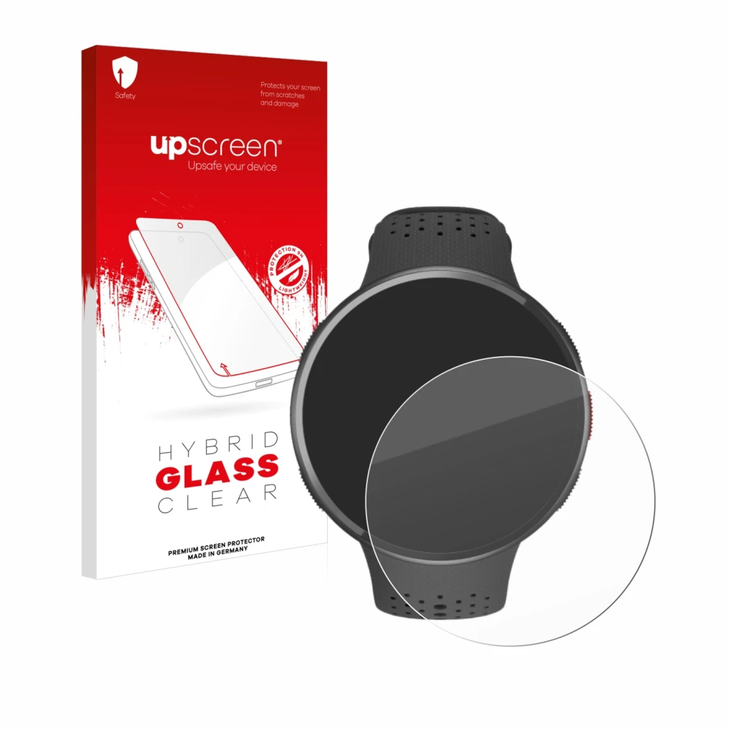 Parte frontal de un envase de producto con el logotipo de la marca upscreen. Al lado se muestra el dispositivo Polar Pacer Pro