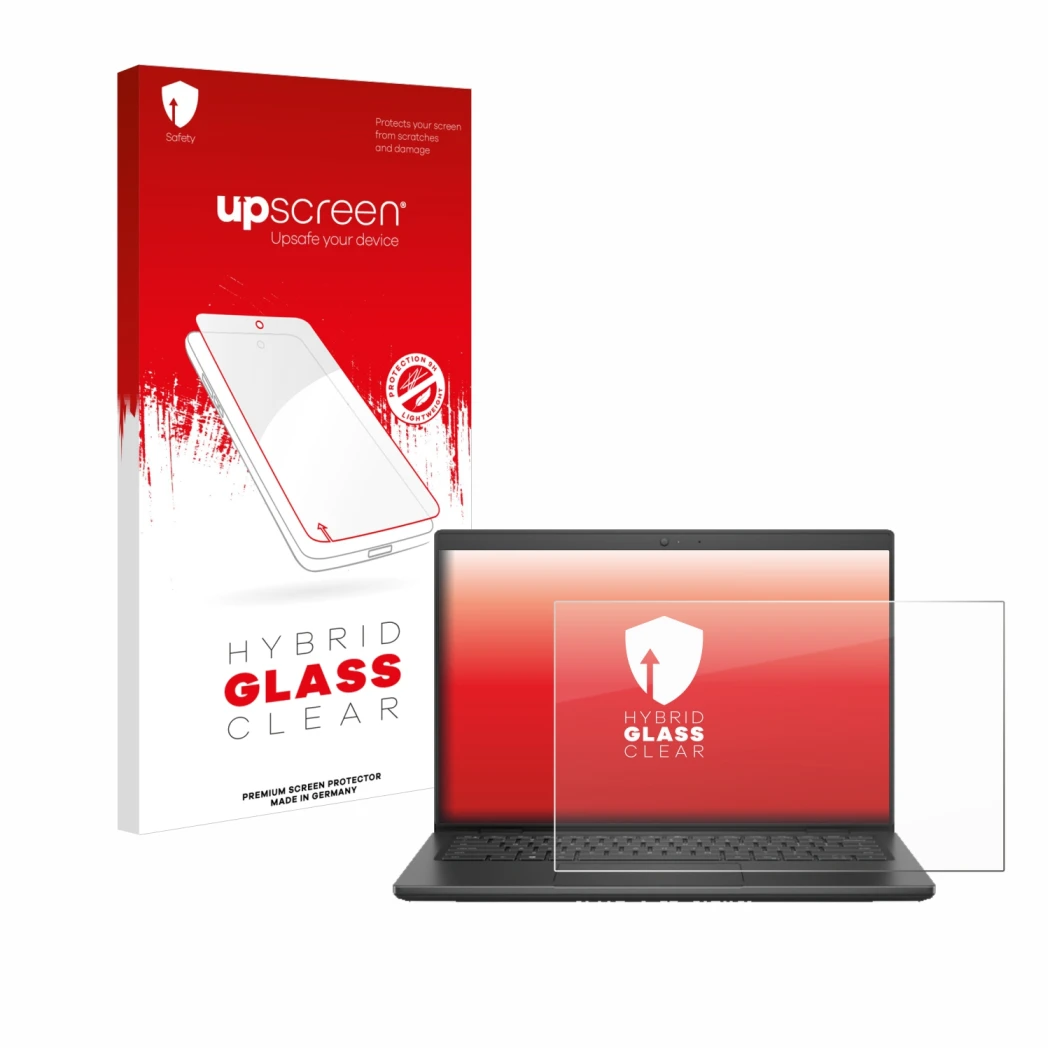 Parte frontal de un envase de producto con el logotipo de la marca upscreen. Al lado se muestra el dispositivo Dell Latitude 3