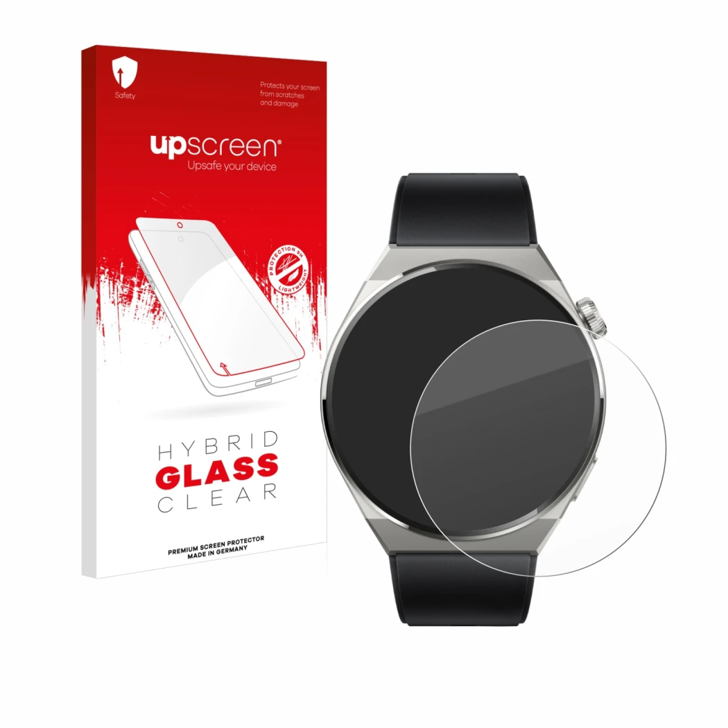 Parte frontal de un envase de producto con el logotipo de la marca upscreen. Al lado se muestra el dispositivo Huawei Watch GT