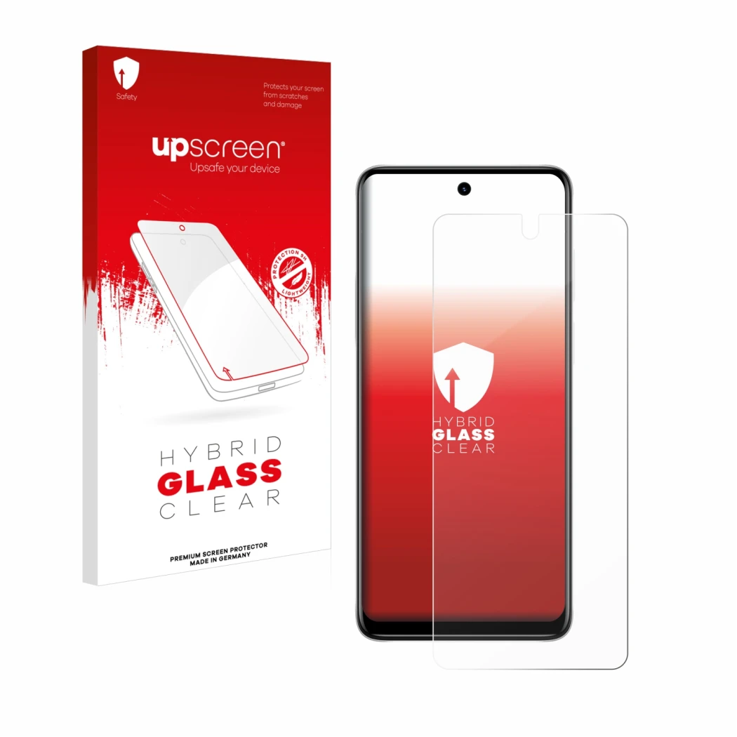 Parte frontal de un envase de producto con el logotipo de la marca upscreen. Al lado se muestra el dispositivo Motorola Moto E