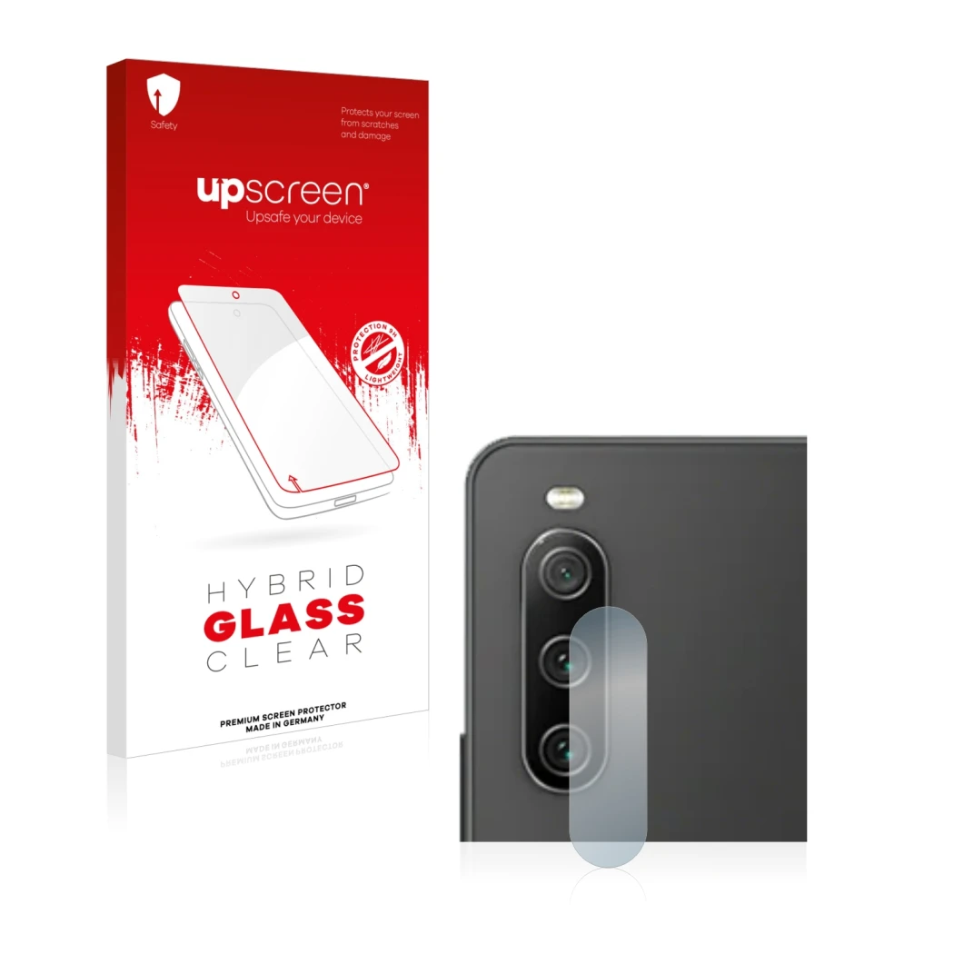 Parte frontal de un envase de producto con el logotipo de la marca upscreen. Al lado se muestra el dispositivo Sony Xperia 10 