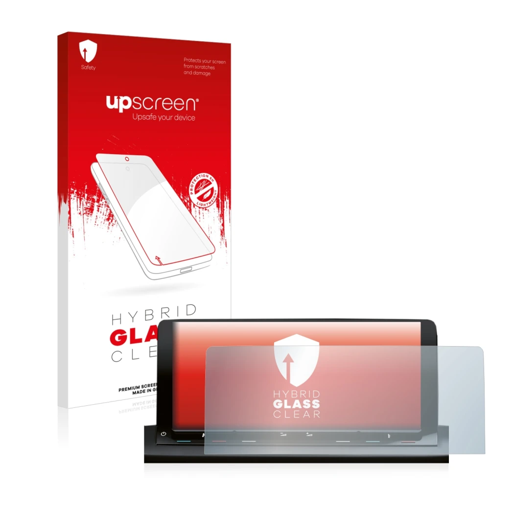 Parte frontal de un envase de producto con el logotipo de la marca upscreen. Al lado se muestra el dispositivo Volkswagen Cadd