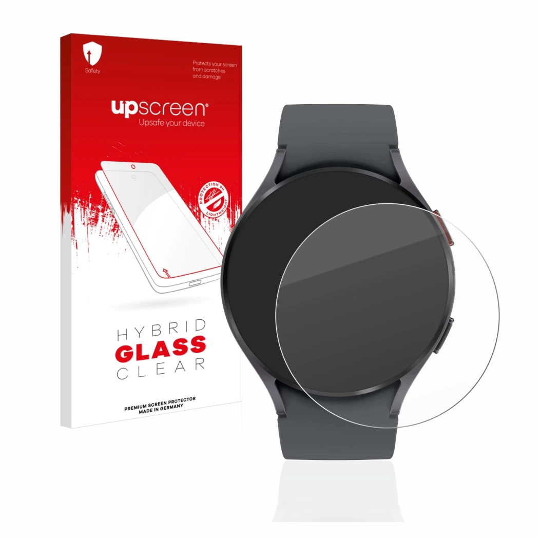 Parte frontal de un envase de producto con el logotipo de la marca upscreen. Al lado se muestra el dispositivo Samsung Galaxy 