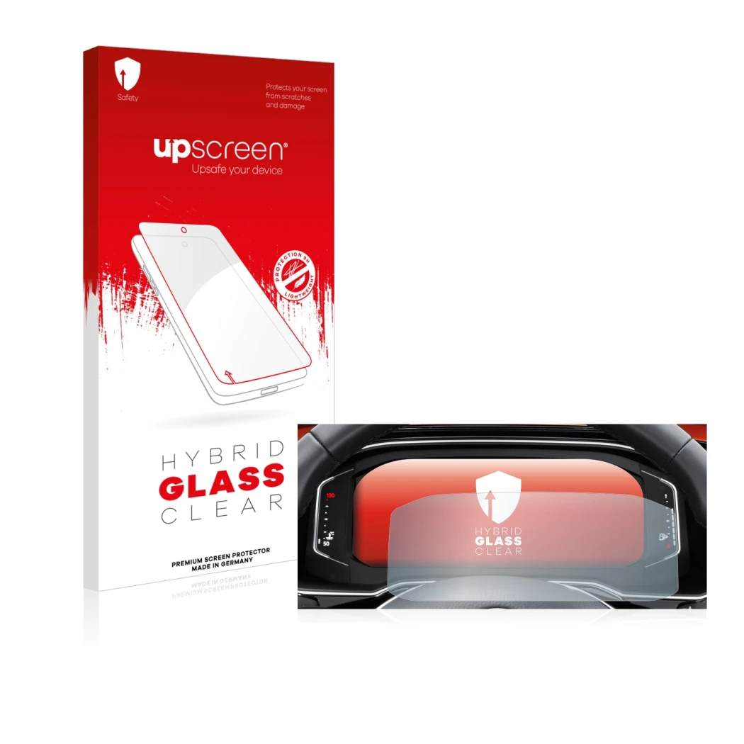 Parte frontal de un envase de producto con el logotipo de la marca upscreen. Al lado se muestra el dispositivo Volkswagen Tigu