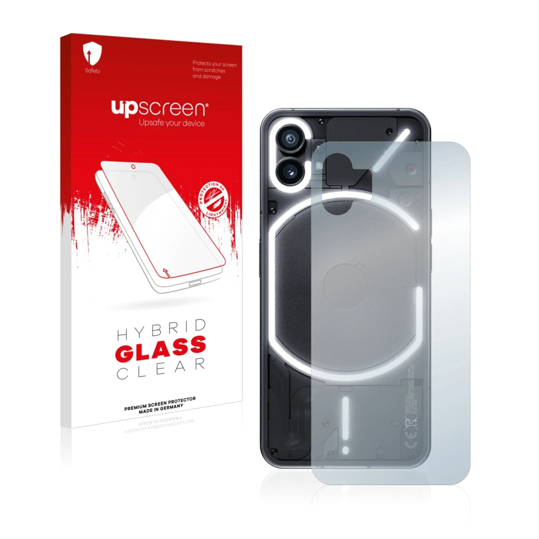 Parte frontal de un envase de producto con el logotipo de la marca upscreen. Al lado se muestra el dispositivo Nothing Phone (