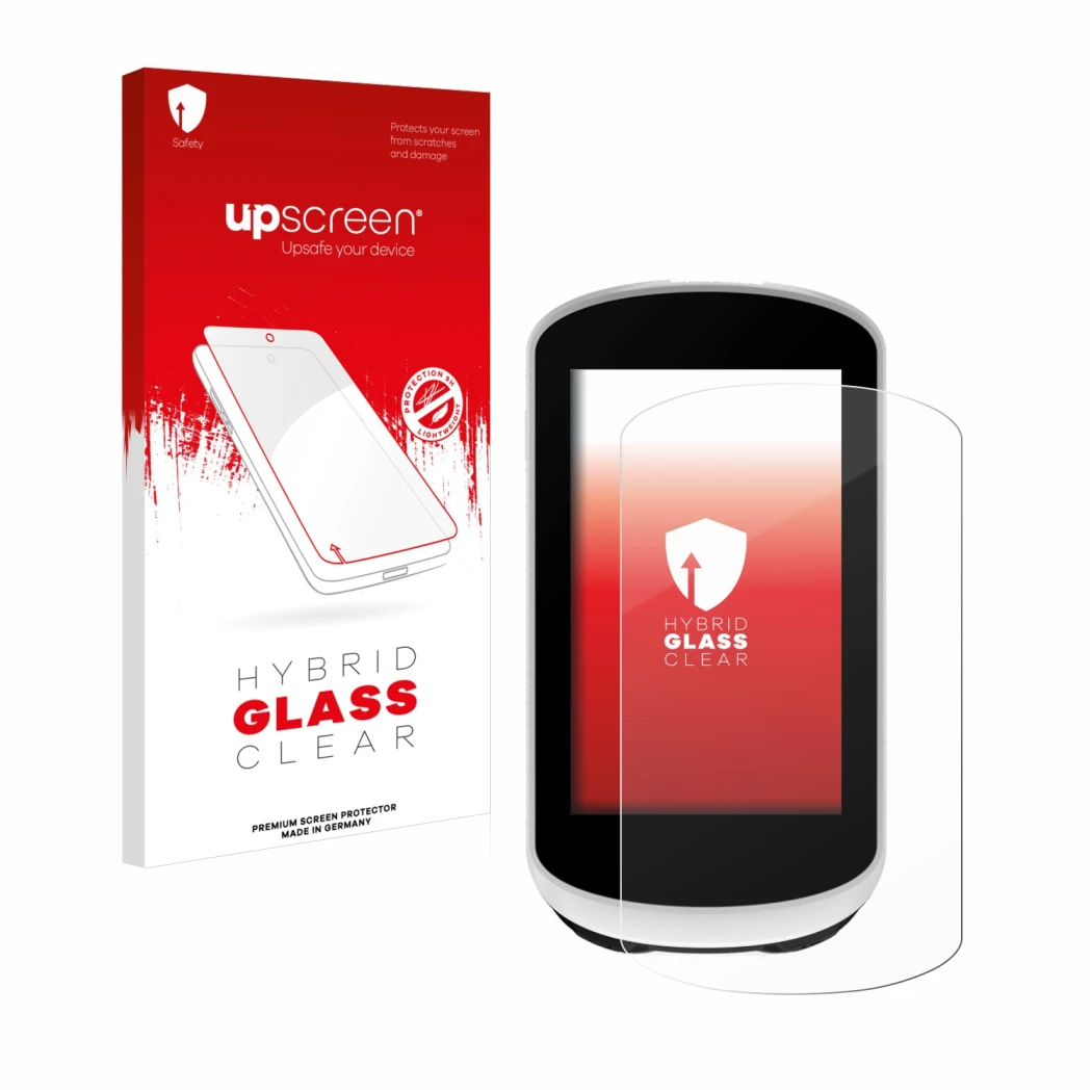 Parte frontal de un envase de producto con el logotipo de la marca upscreen. Al lado se muestra el dispositivo Garmin Edge Exp