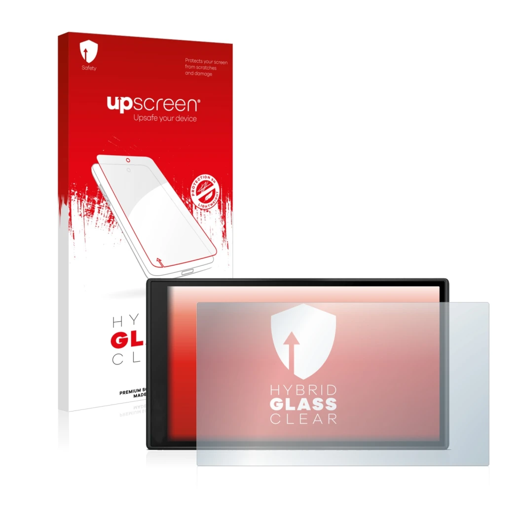 Parte frontal de un envase de producto con el logotipo de la marca upscreen. Al lado se muestra el dispositivo Garmin DriveSma