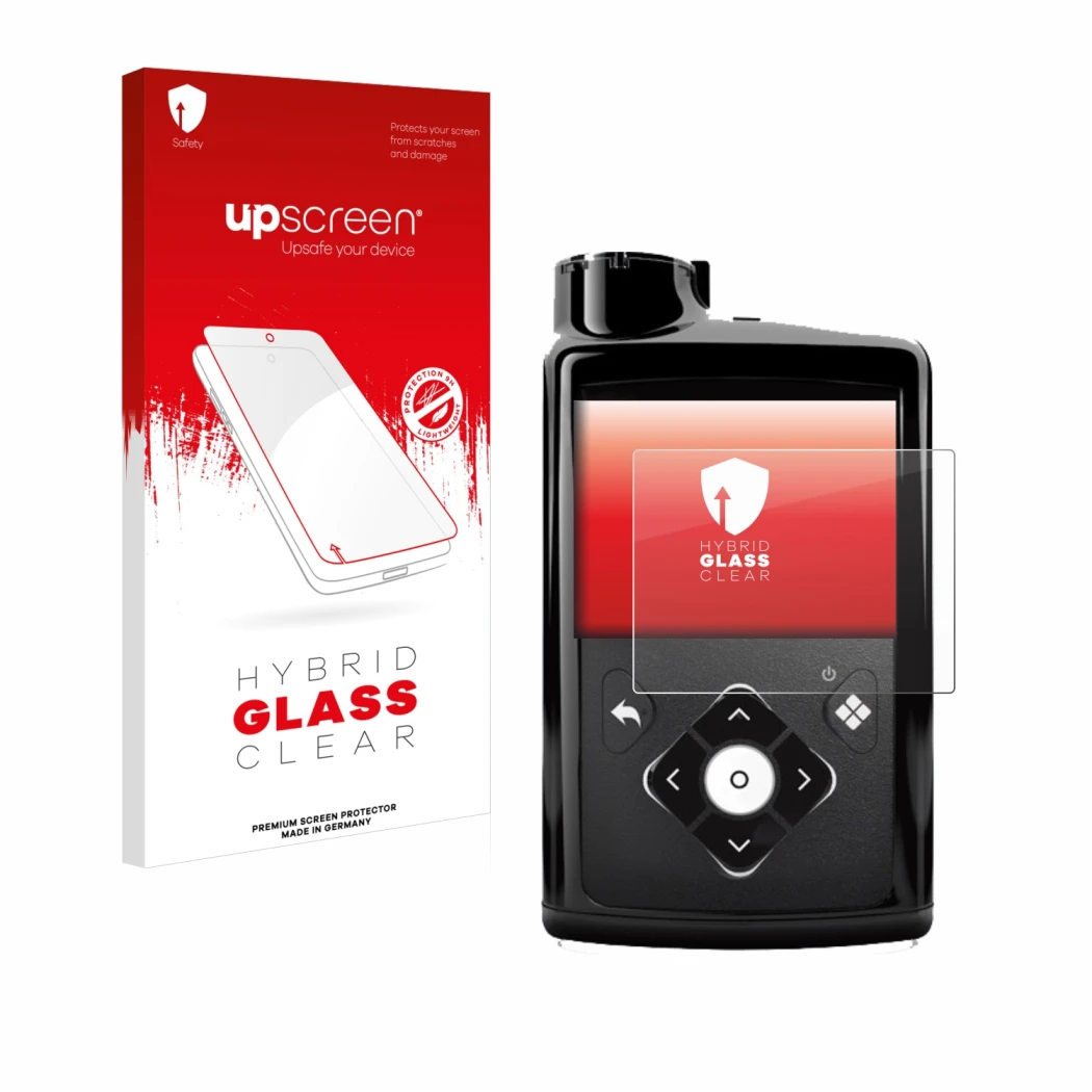 Parte frontal de un envase de producto con el logotipo de la marca upscreen. Al lado se muestra el dispositivo Medtronic Minim