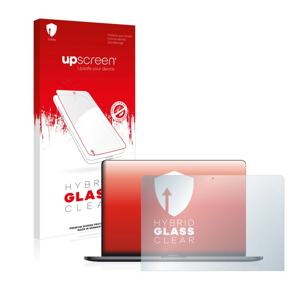 Parte frontal de un envase de producto con el logotipo de la marca upscreen. Al lado se muestra el dispositivo Apple MacBook P