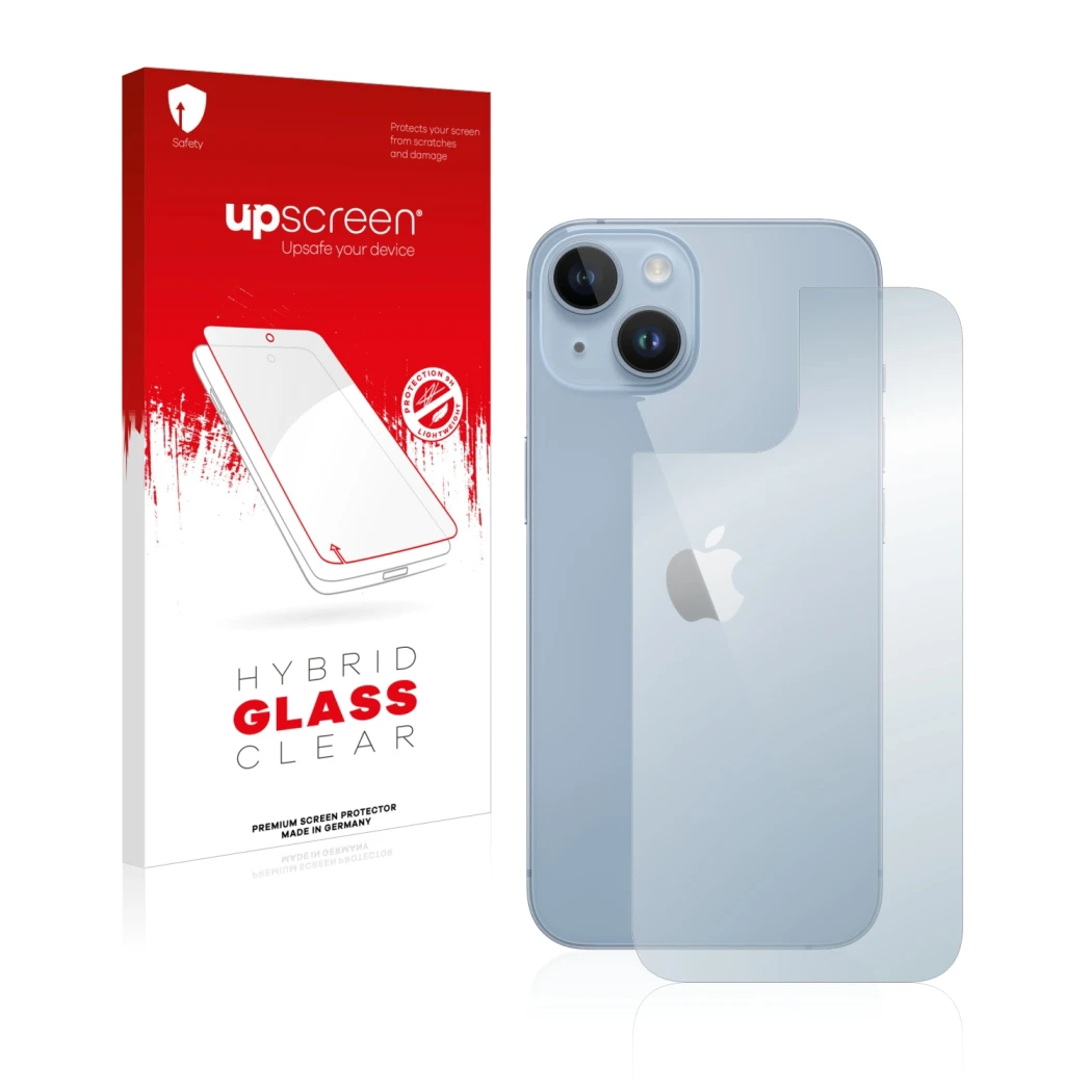 Parte frontal de un envase de producto con el logotipo de la marca upscreen. Al lado se muestra el dispositivo Apple iPhone 14