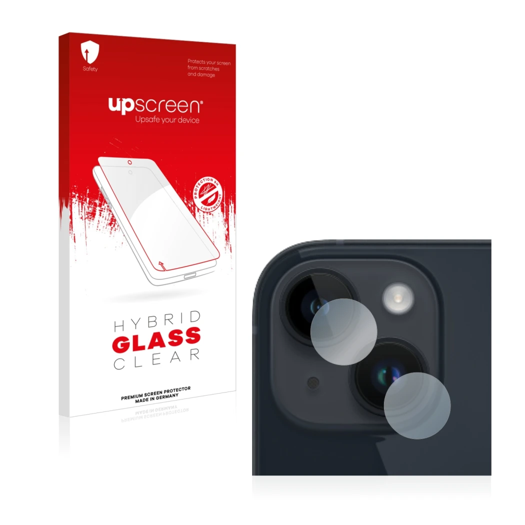 Parte frontal de un envase de producto con el logotipo de la marca upscreen. Al lado se muestra el dispositivo Apple iPhone 14
