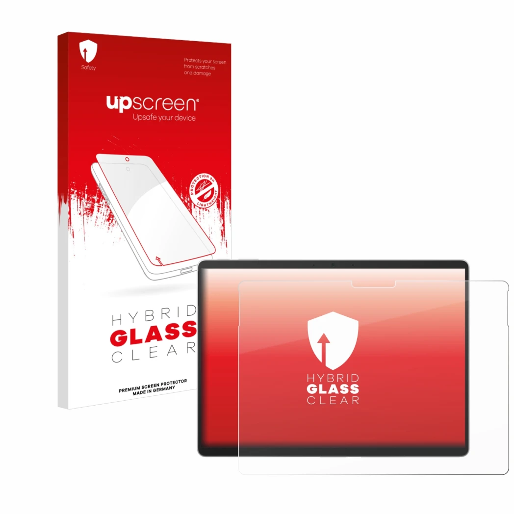 Parte frontal de un envase de producto con el logotipo de la marca upscreen. Al lado se muestra el dispositivo Microsoft Surfa
