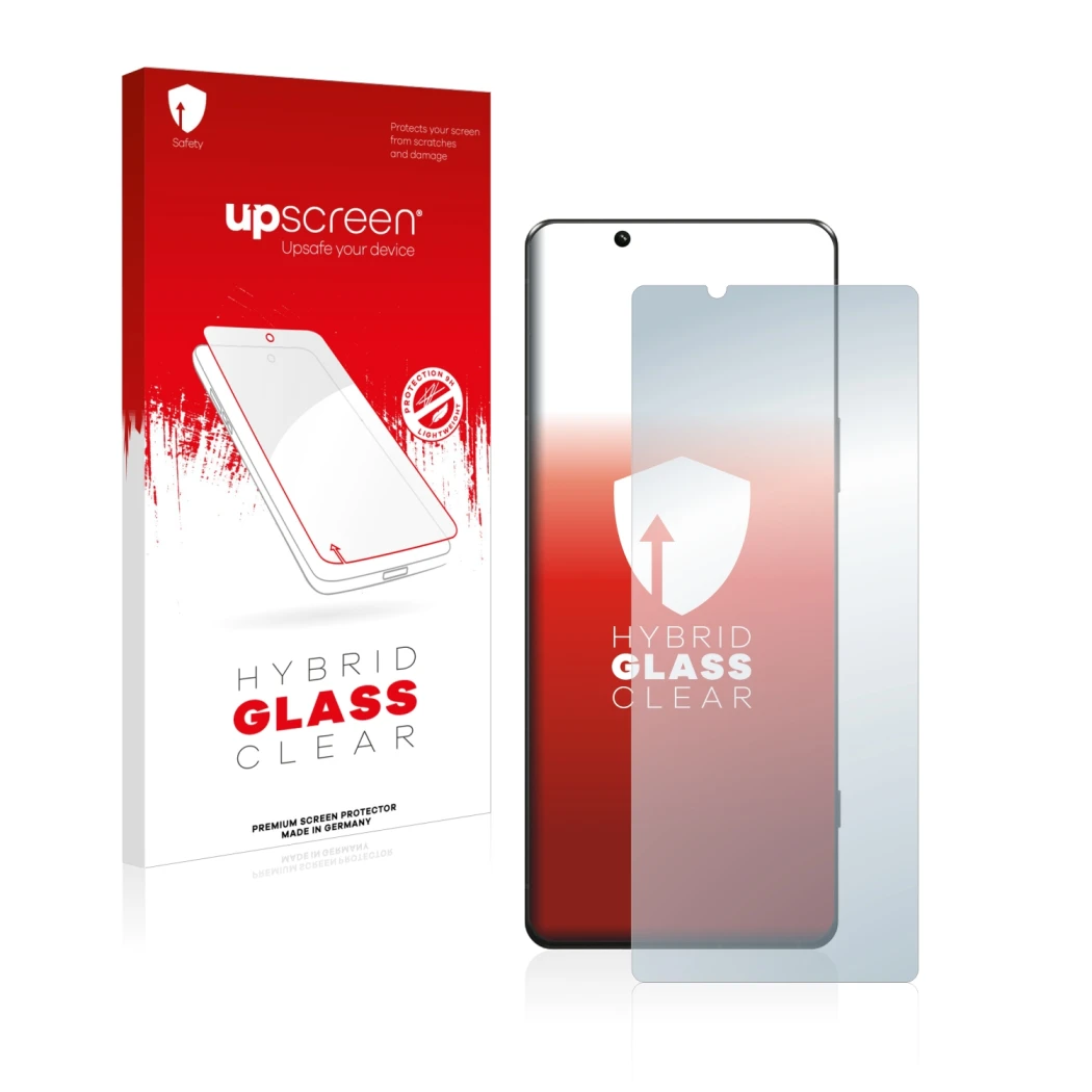 Parte frontal de un envase de producto con el logotipo de la marca upscreen. Al lado se muestra el dispositivo Sony Xperia 5 I