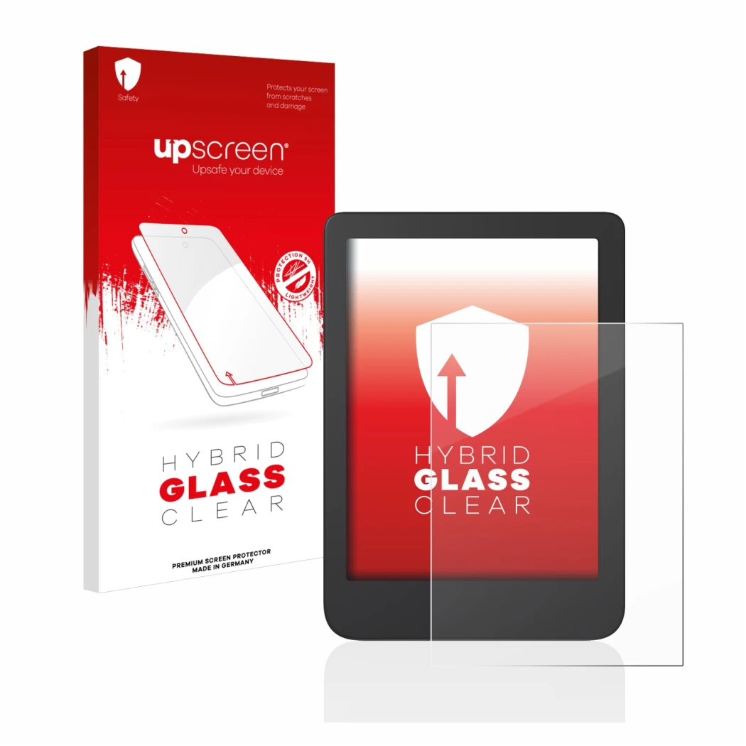 Parte frontal de un envase de producto con el logotipo de la marca upscreen. Al lado se muestra el dispositivo Tolino Shine 4 