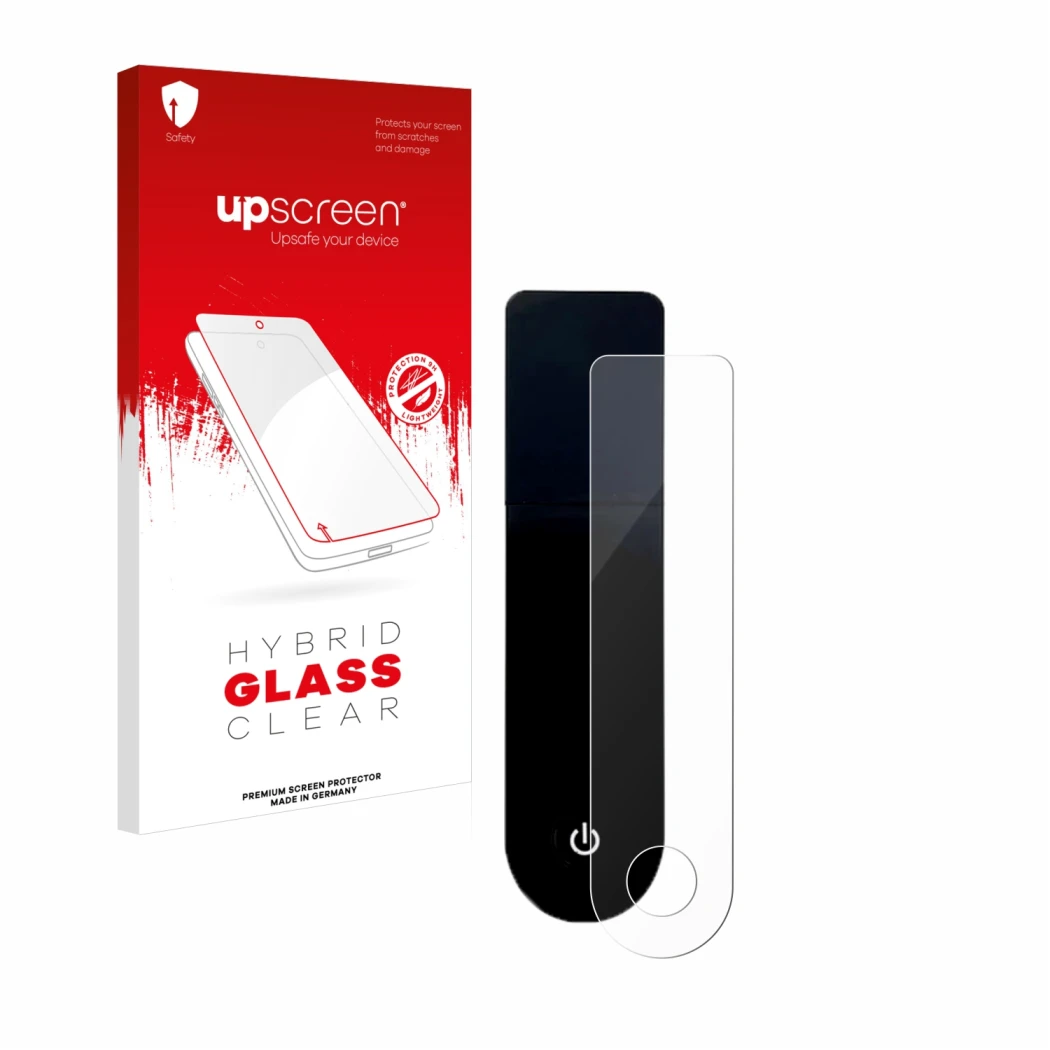 Parte frontal de un envase de producto con el logotipo de la marca upscreen. Al lado se muestra el dispositivo Xiaomi Mi 3 E-S
