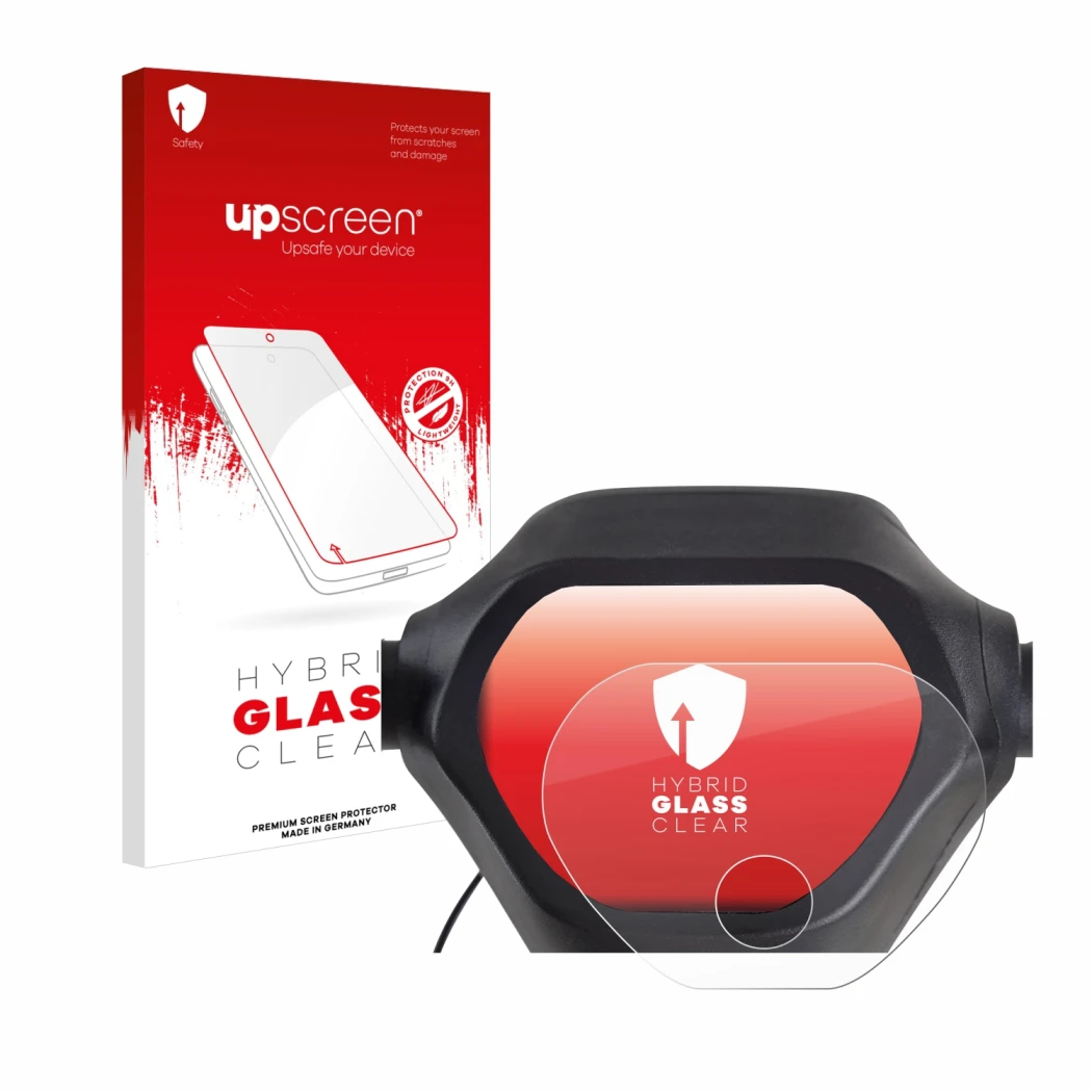 Parte frontal de un envase de producto con el logotipo de la marca upscreen. Al lado se muestra el dispositivo Epowerfun ePF-2