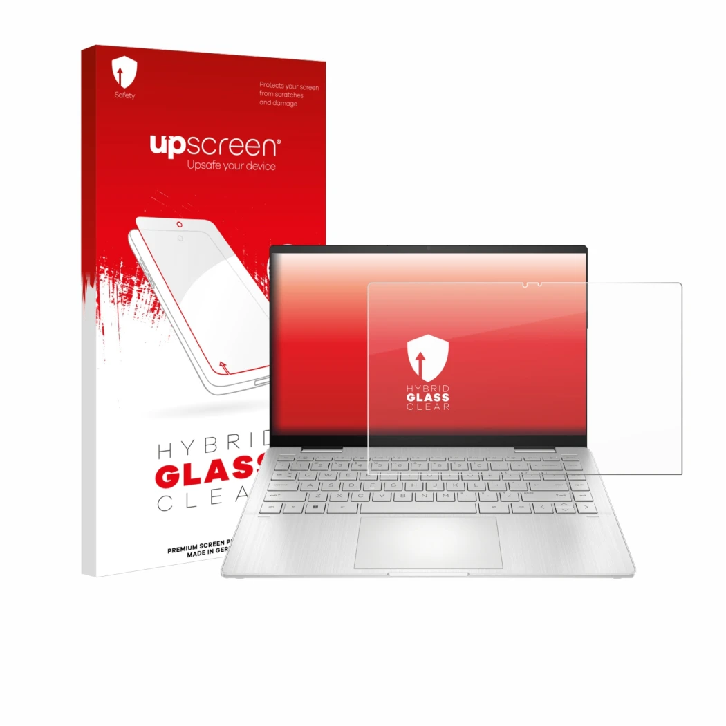 Parte frontal de un envase de producto con el logotipo de la marca upscreen. Al lado se muestra el dispositivo HP Pavilion x36