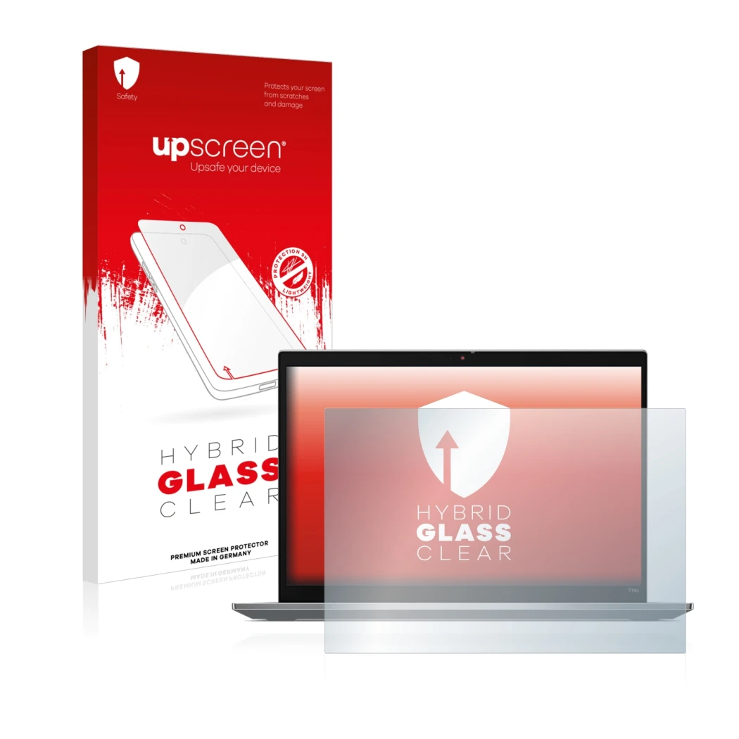 Parte frontal de un envase de producto con el logotipo de la marca upscreen. Al lado se muestra el dispositivo Lenovo ThinkPad