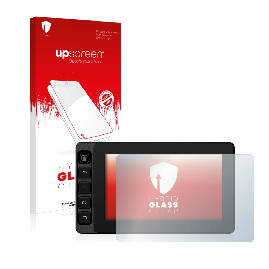 Parte frontal de un envase de producto con el logotipo de la marca upscreen. Al lado se muestra el dispositivo SmallHD Ultra 5