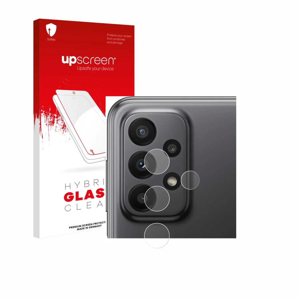 Parte frontal de un envase de producto con el logotipo de la marca upscreen. Al lado se muestra el dispositivo Samsung Galaxy