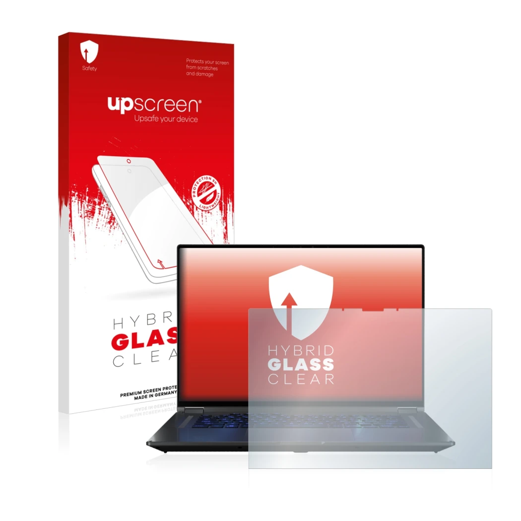 Parte frontal de un envase de producto con el logotipo de la marca upscreen. Al lado se muestra el dispositivo ASUS ROG Flow X