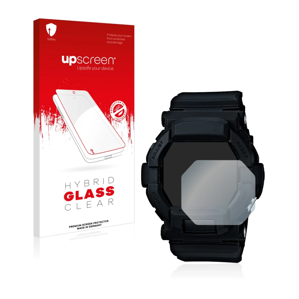 Parte frontal de un envase de producto con el logotipo de la marca upscreen. Al lado se muestra el dispositivo Casio G-Shock G