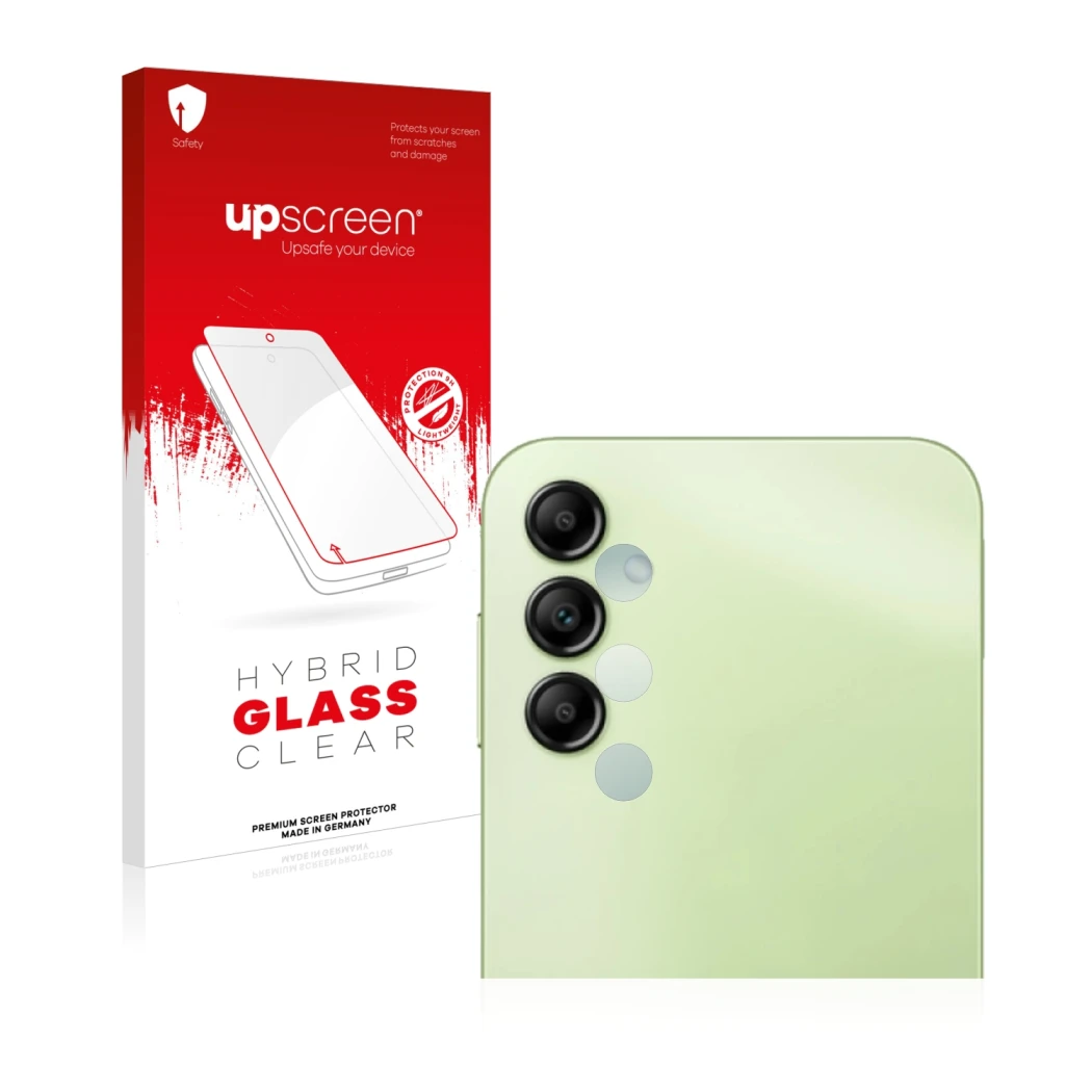 Parte frontal de un envase de producto con el logotipo de la marca upscreen. Al lado se muestra el dispositivo Samsung Galaxy 