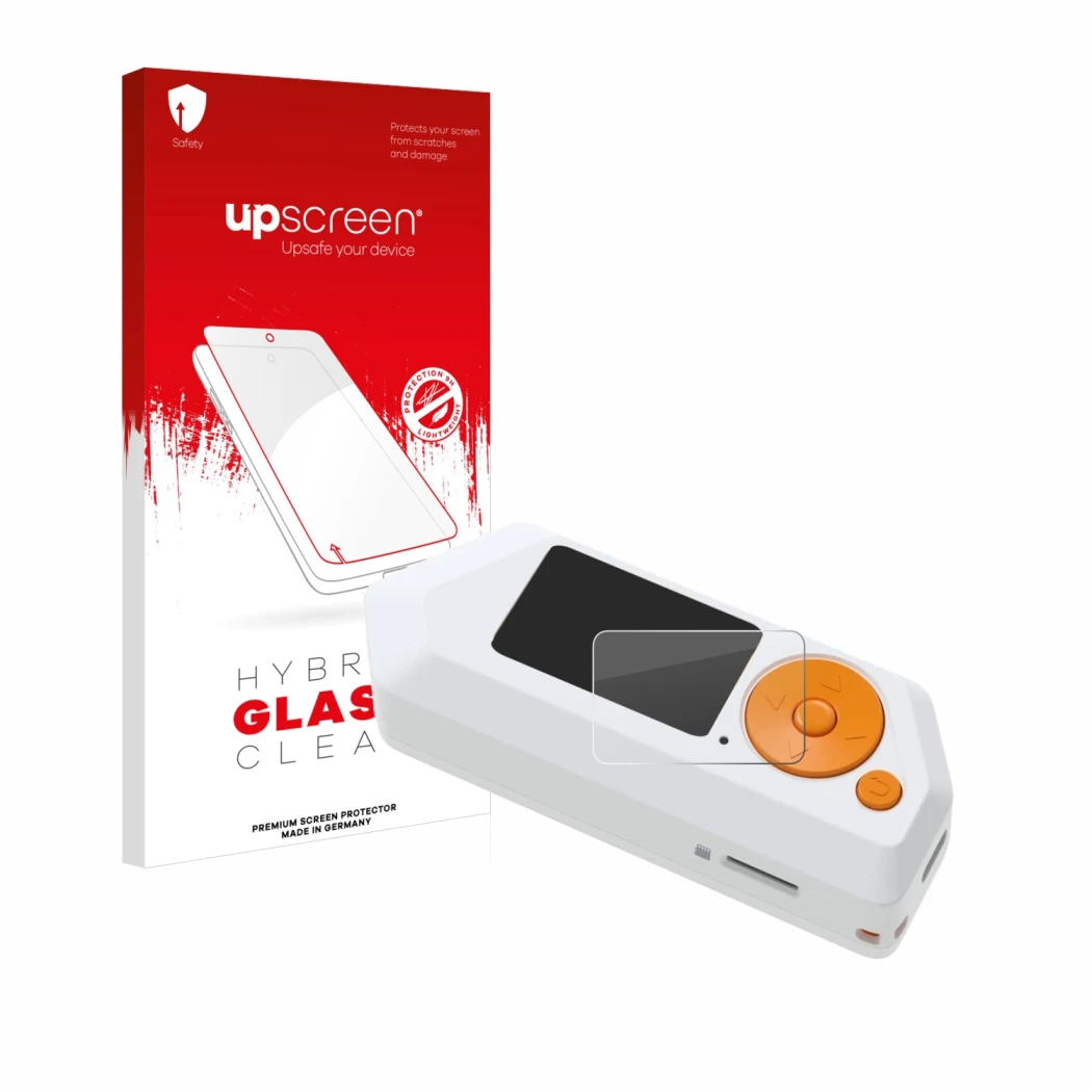 Parte frontal de un envase de producto con el logotipo de la marca upscreen. Al lado se muestra el dispositivo Flipper Zero FZ