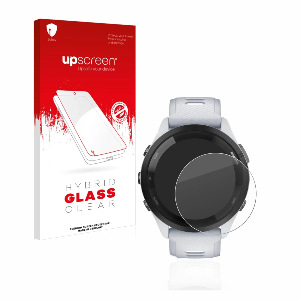 Parte frontal de un envase de producto con el logotipo de la marca upscreen. Al lado se muestra el dispositivo Garmin Forerunn
