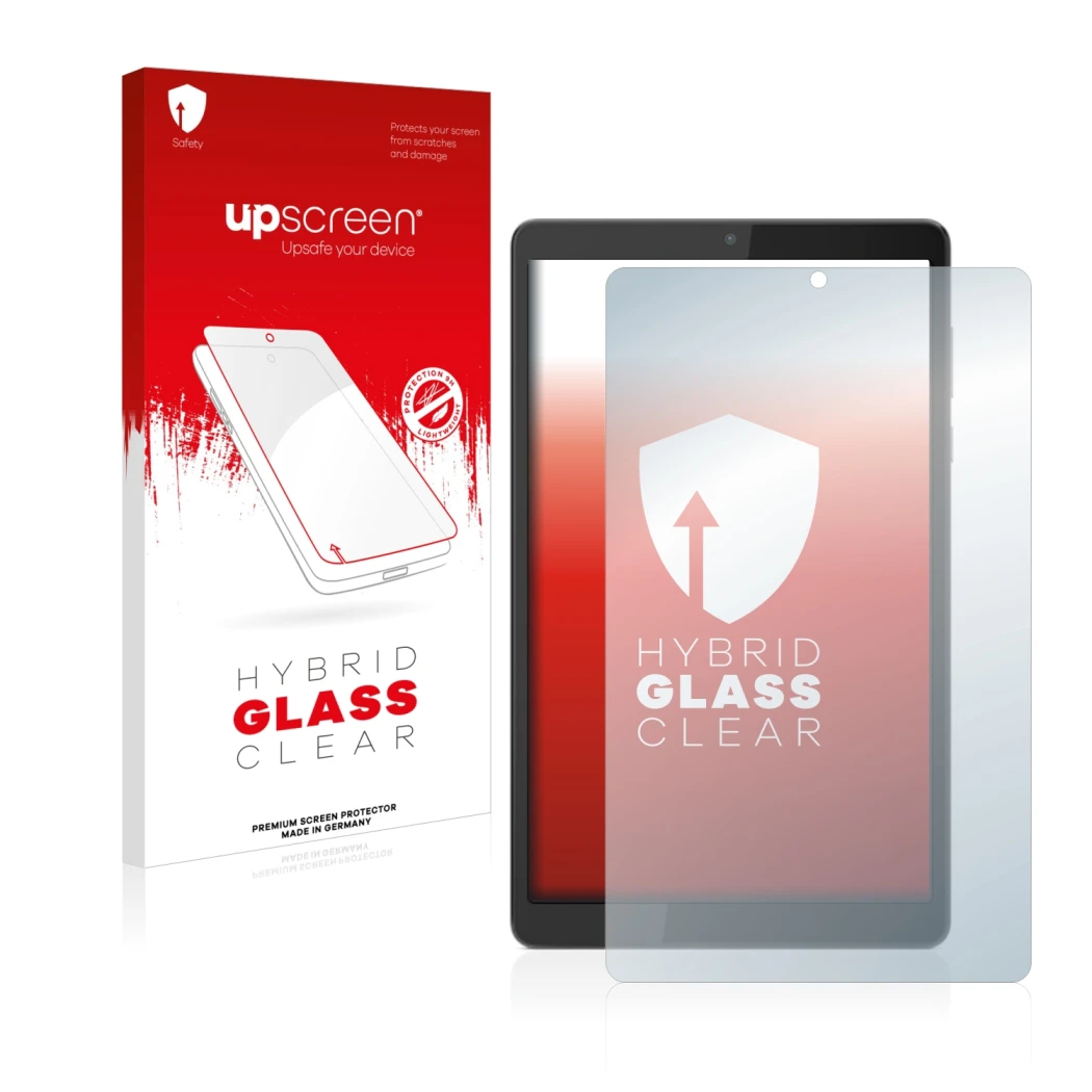 Parte frontal de un envase de producto con el logotipo de la marca upscreen. Al lado se muestra el dispositivo Lenovo Tab M8 (