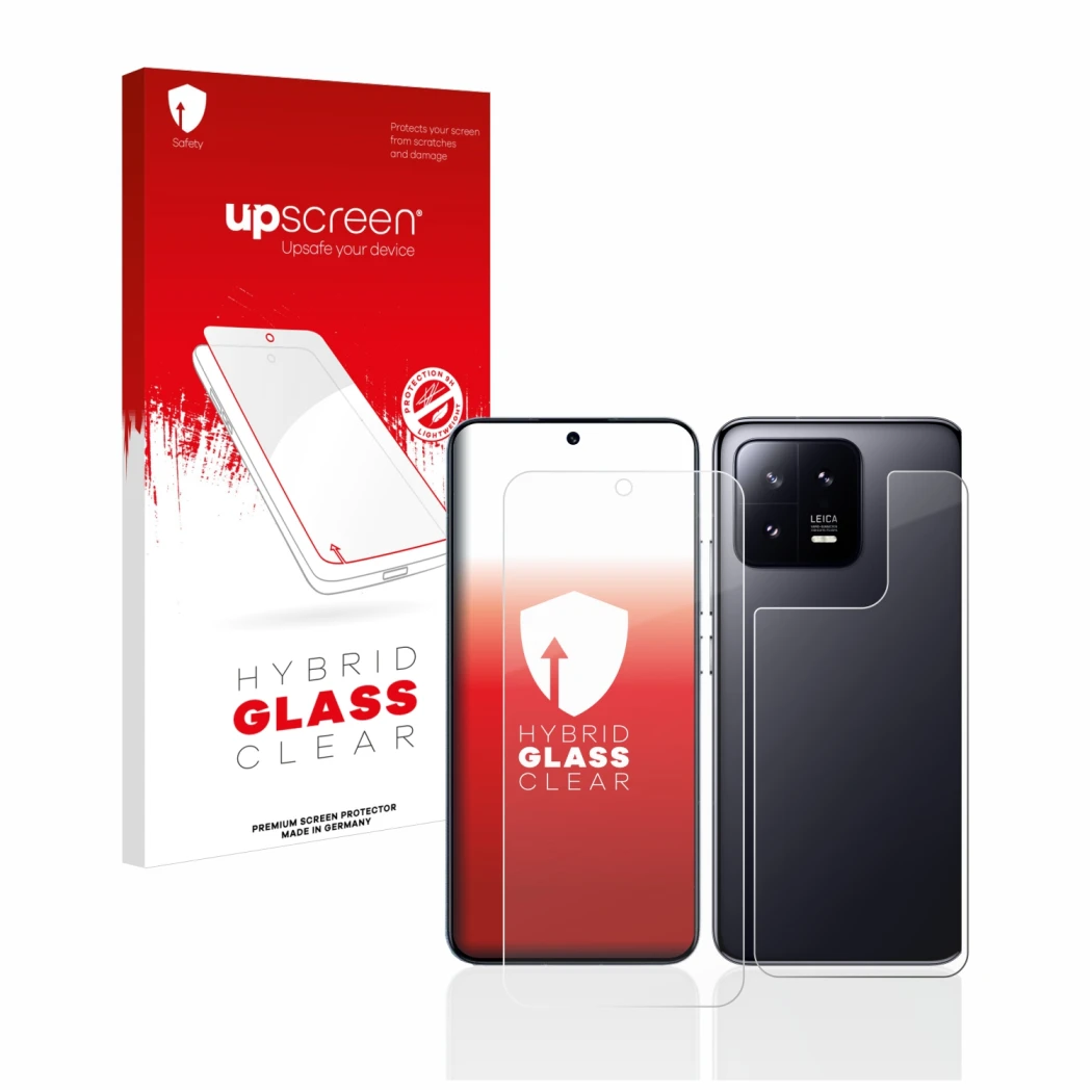 Parte frontal de un envase de producto con el logotipo de la marca upscreen. Al lado se muestra el dispositivo Xiaomi 13 (Fron